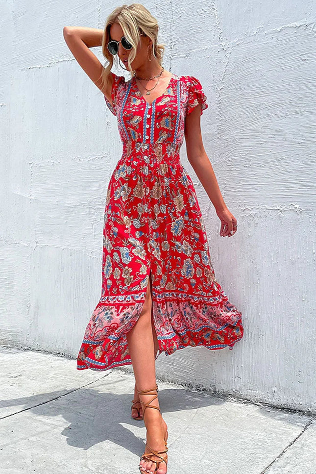 Robe longue fleuri rouge - Robe Addict