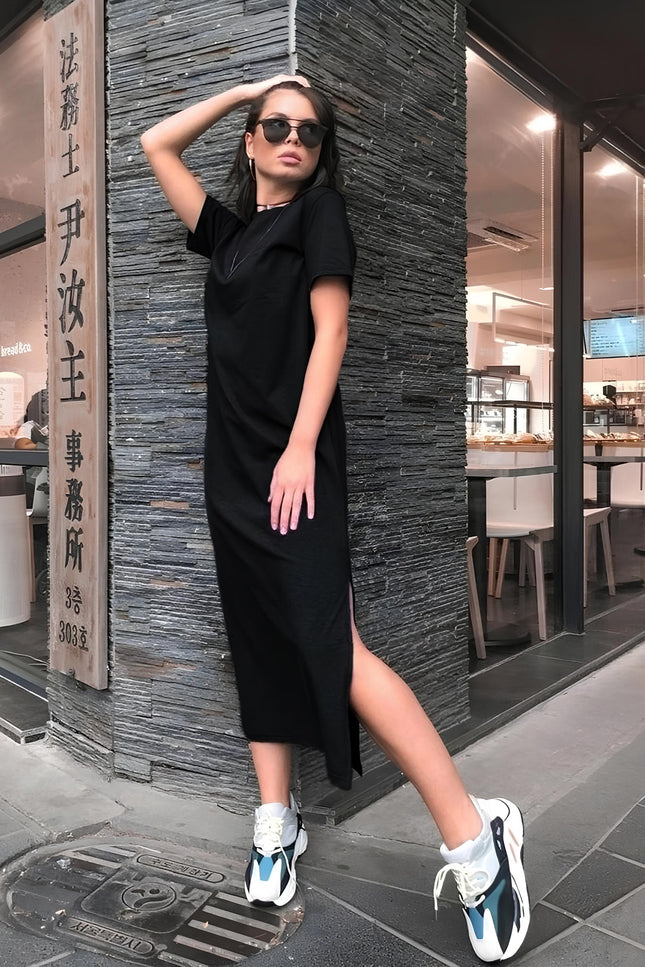 Robe t shirt noire longue - Robe Addict