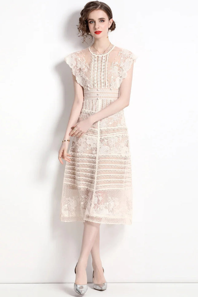 Robe longue dentelle beige - Robe Addict