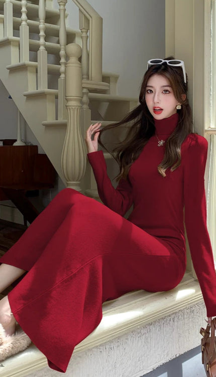 Robe col roulé rouge - Robe Addict