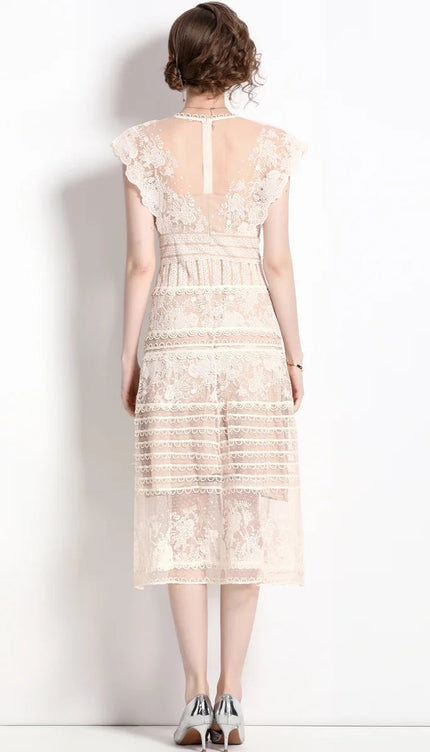 Robe longue dentelle beige - Robe Addict