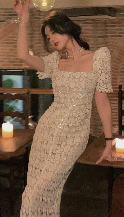 Robe longue ecru dentelle - Robe Addict