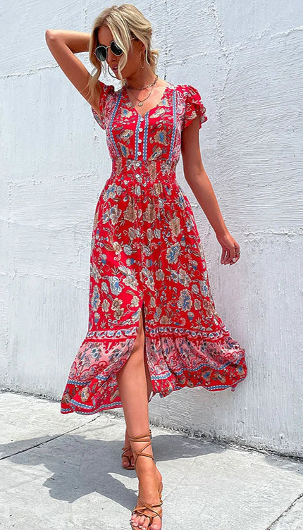 Robe longue fleuri rouge - Robe Addict