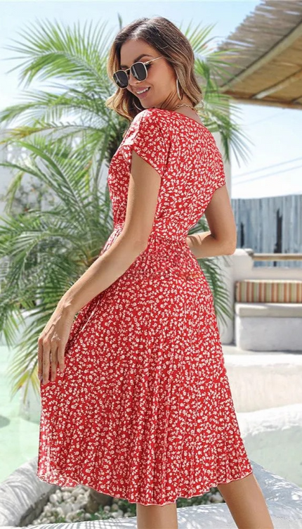 Robe longue rouge fleur blanche - Robe Addict
