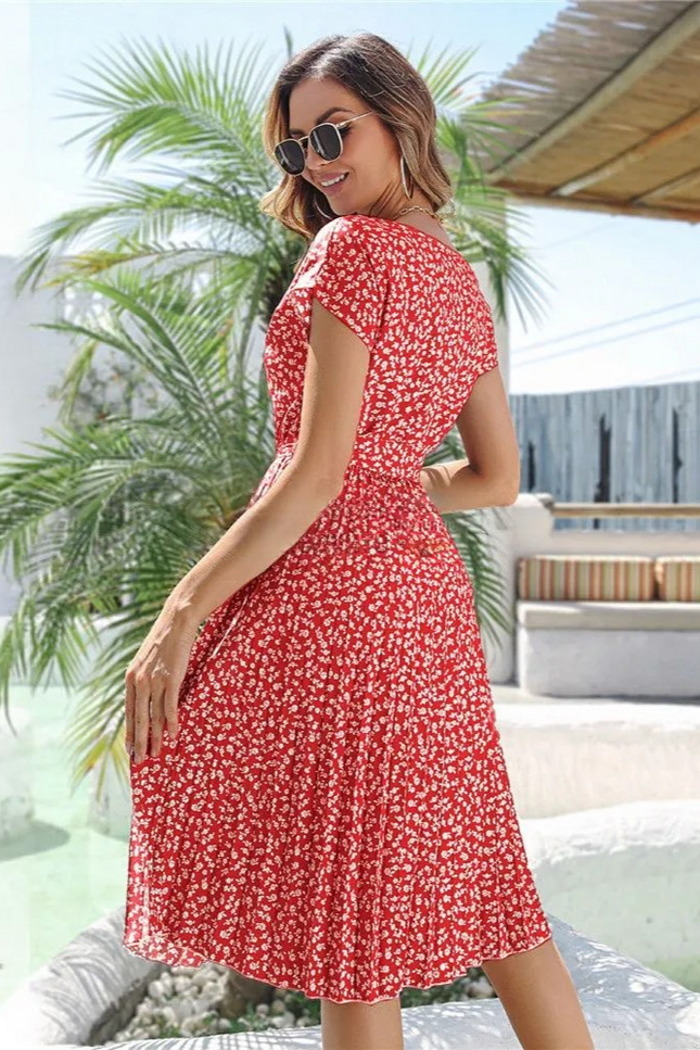 Robe longue rouge fleur blanche - Robe Addict