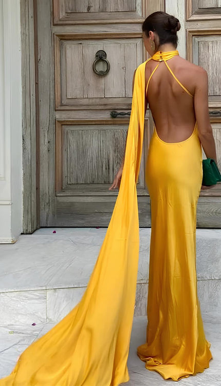 Robe longue satin jaune - Robe Addict