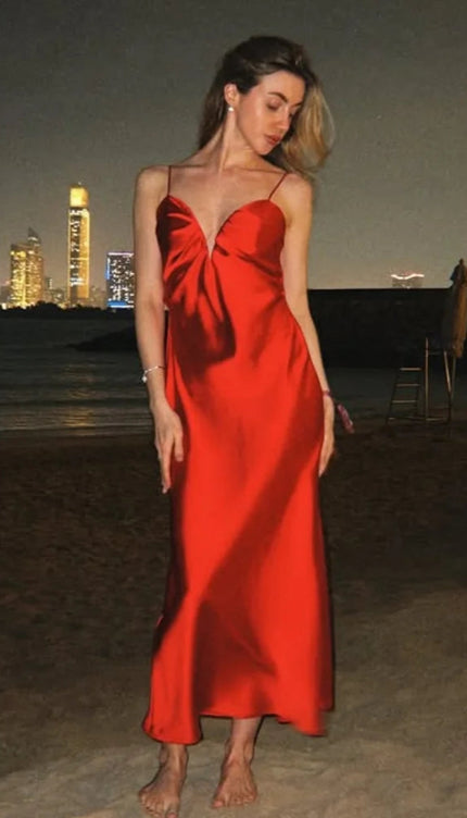 Robe longue satin rouge - Robe Addict