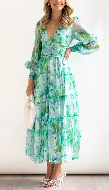 Robe longue blanche et verte - Robe Addict