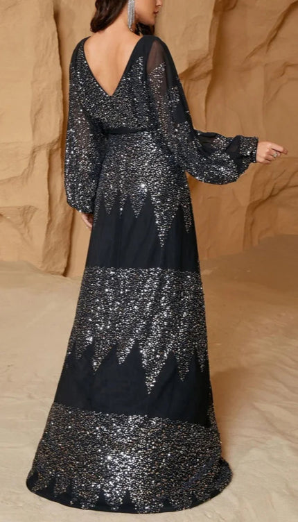 Robe noir manche longue paillette - Robe Addict