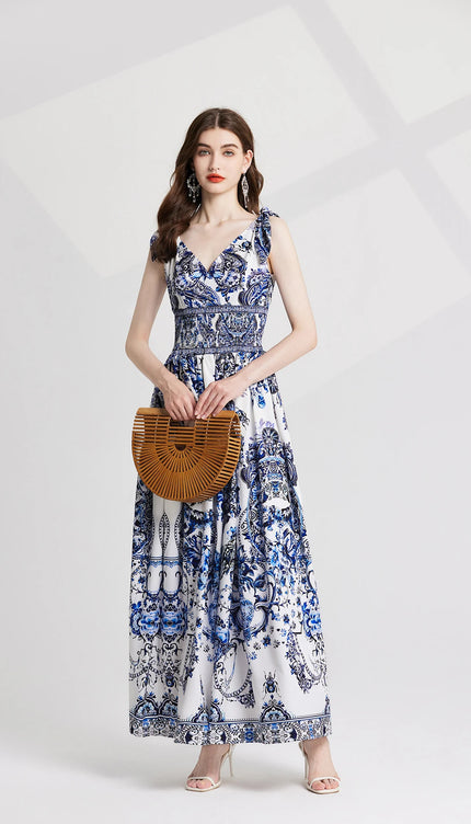 Robe blanche motif bleu - Robe Addict