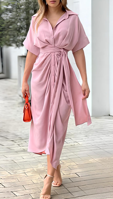 Robe chemise longue rose - Robe Addict