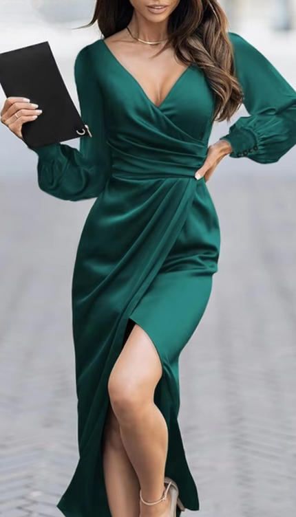 Robe en satin manche longue - Robe Addict