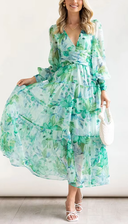 Robe longue blanche et verte - Robe Addict