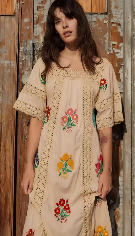Robe longue brodée fleurs - Robe Addict
