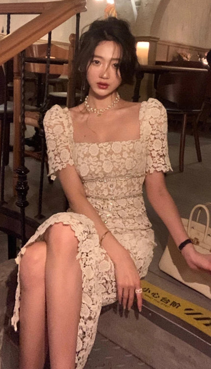 Robe longue ecru dentelle - Robe Addict