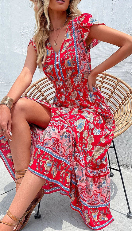 Robe longue fleuri rouge - Robe Addict