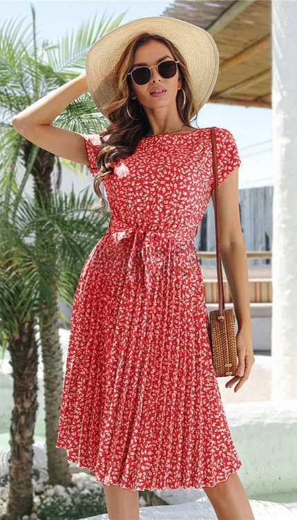 Robe longue rouge fleur blanche - Robe Addict