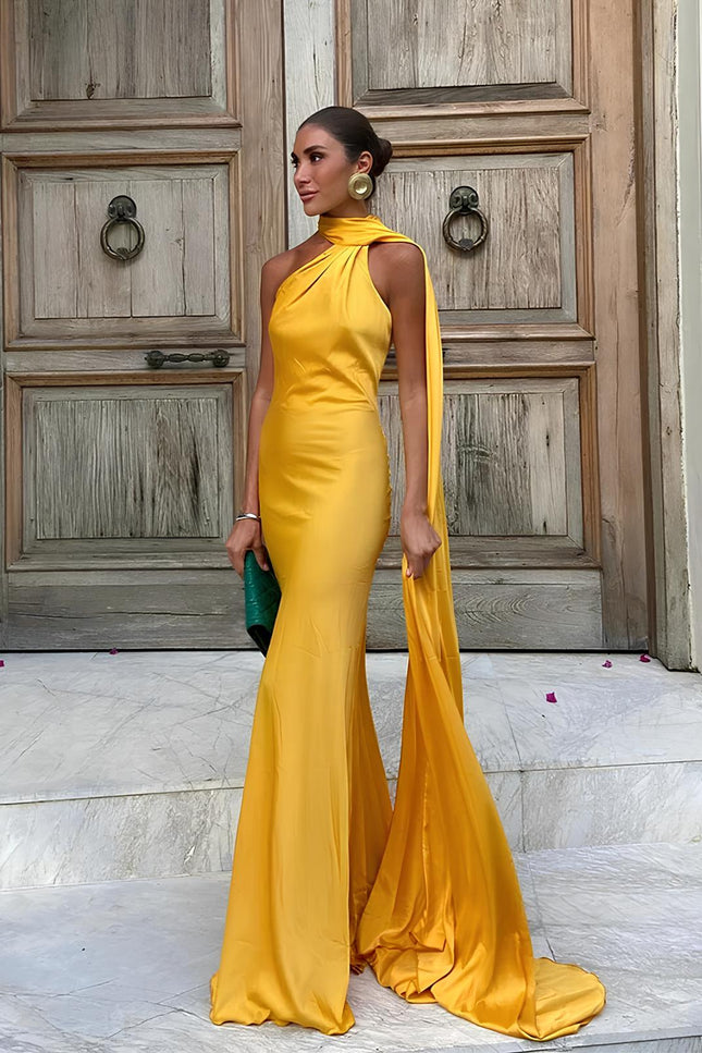 Robe longue satin jaune - Robe Addict