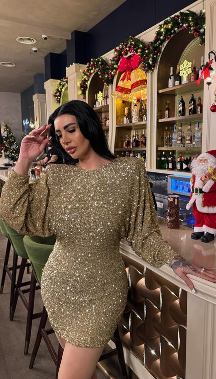 Robe sequin doré manche longue - Robe Addict