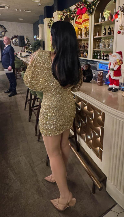 Robe sequin doré manche longue - Robe Addict