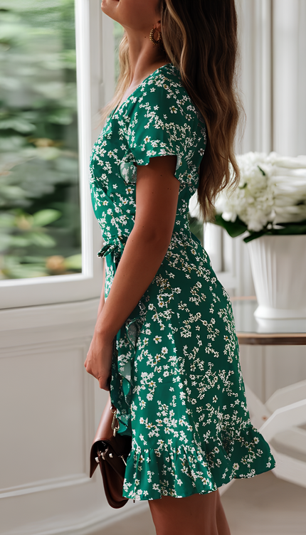 Robe verte fleurs blanches - Robe Addict