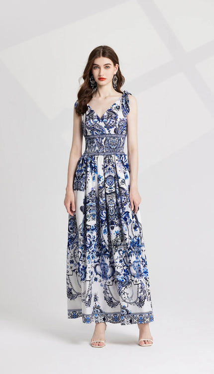 Robe blanche motif bleu - Robe Addict