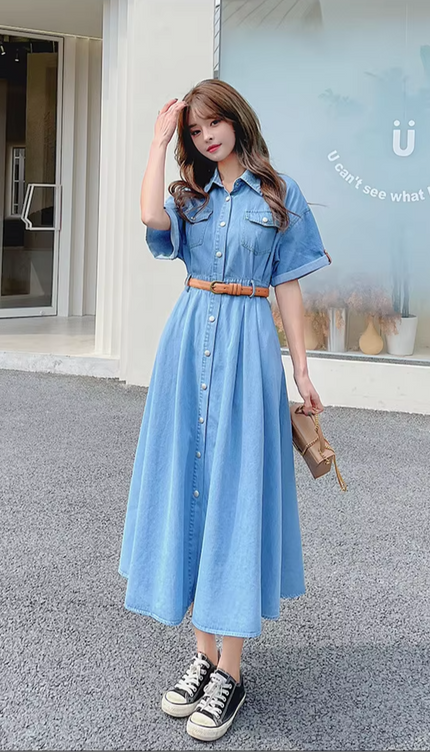 Robe chemise jean longue - Robe Addict