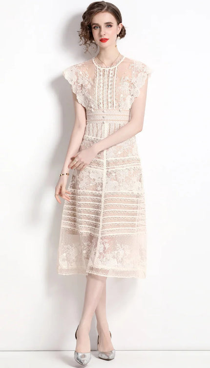Robe longue dentelle beige - Robe Addict