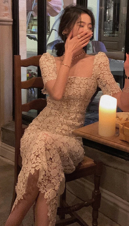 Robe longue ecru dentelle - Robe Addict