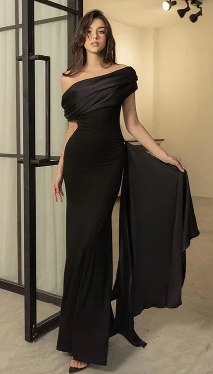 Robe longue noire asymetrique - Robe Addict