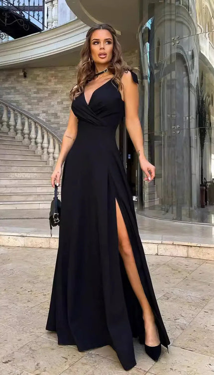 Robe longue noire col v - Robe Addict