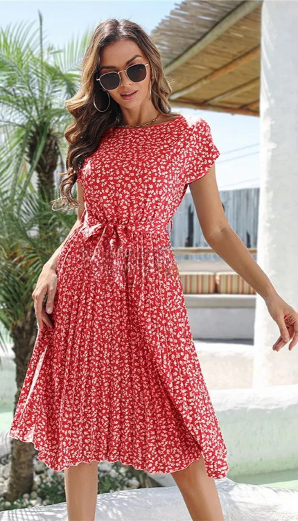 Robe longue rouge fleur blanche - Robe Addict