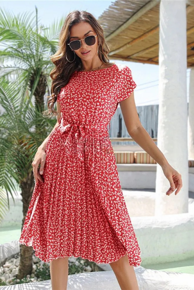 Robe longue rouge fleur blanche - Robe Addict