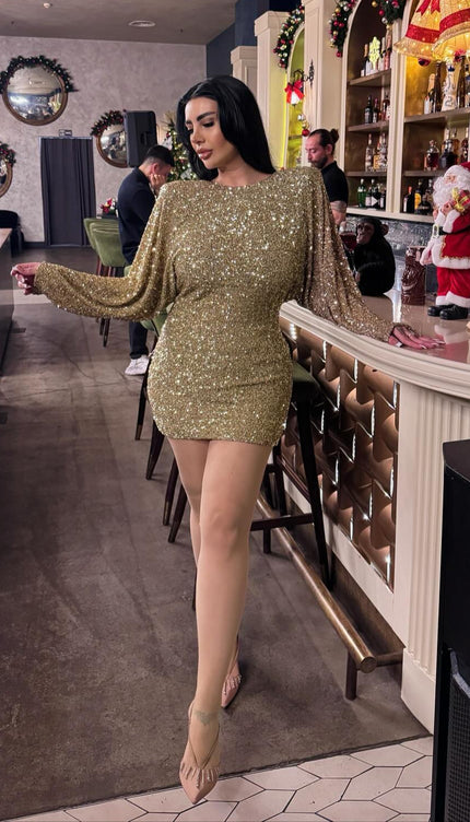 Robe sequin doré manche longue - Robe Addict