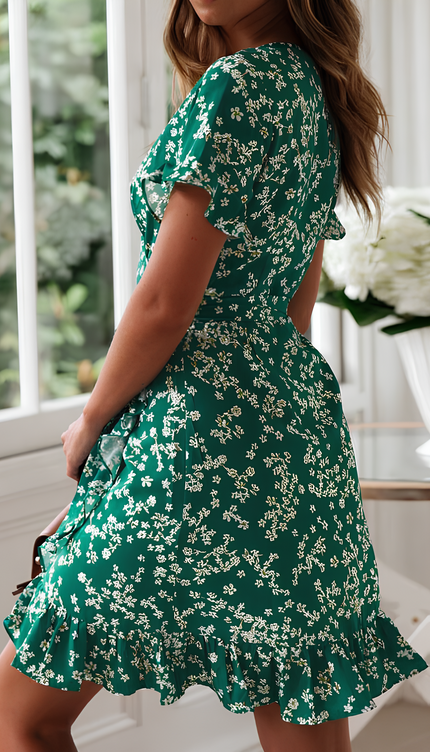 Robe verte fleurs blanches - Robe Addict