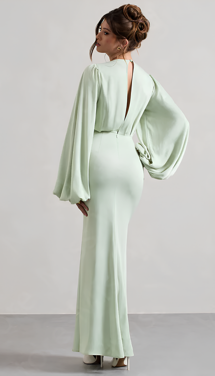 Robe verte manche bouffante - Robe Addict